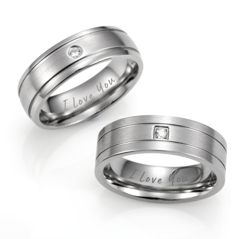 2 'I love you' etched rings with CZ stone