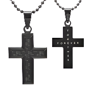 Mens Cross Black Carbon Fiber Pendant Etched 'Together Forever'