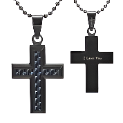 Mens Cross Blue Carbon Fibre Pendant Etched 'I Love You'