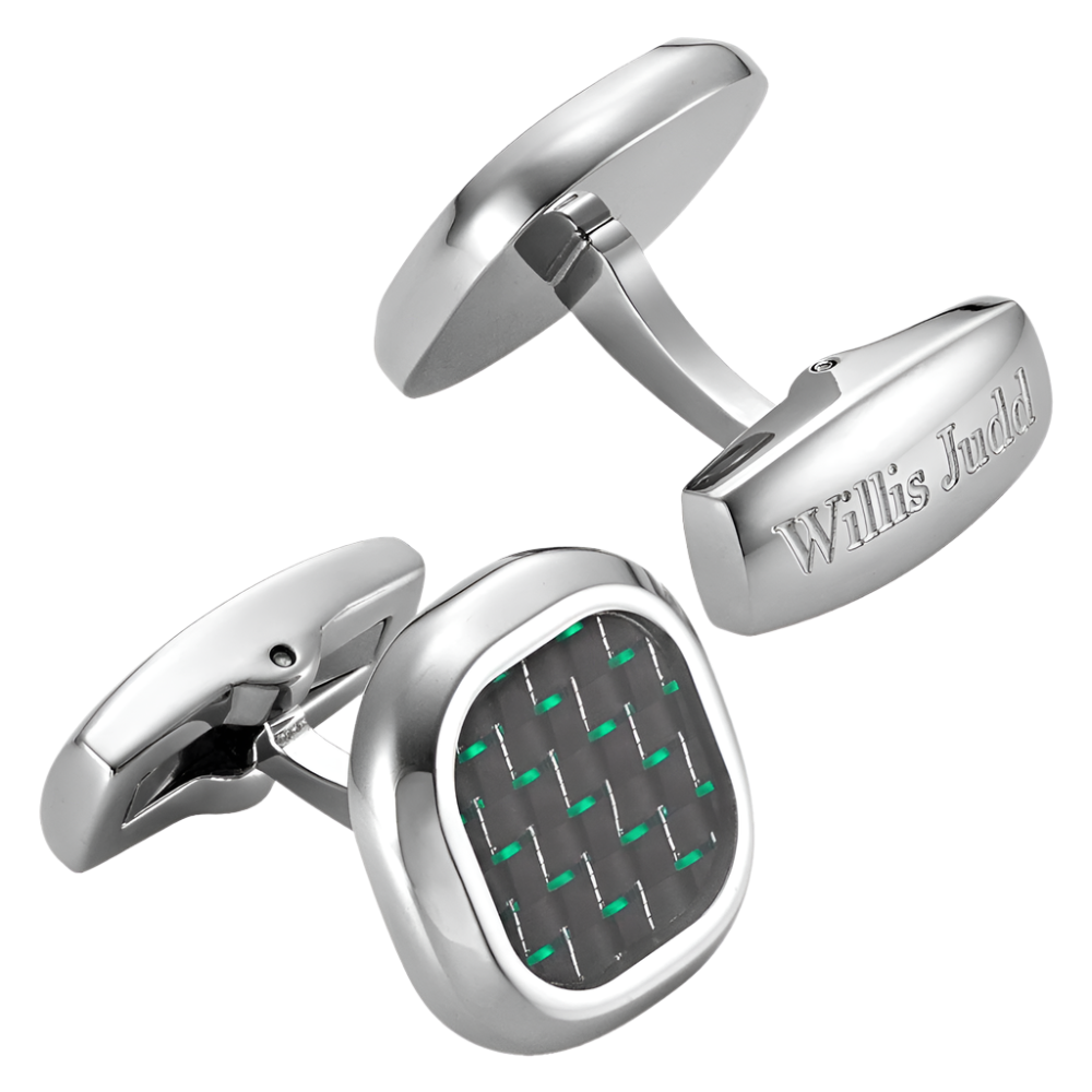 Willis Judd Men’s Stainless Steel with Green Carbon FIber Cufflinks with Pouch