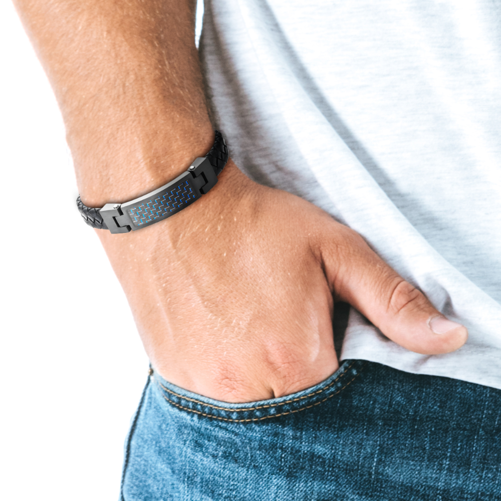 Black Leather Bracelet with Blue Carbon Fibre