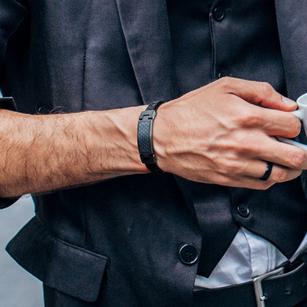 Black Leather Bracelet with Blue Carbon Fibre