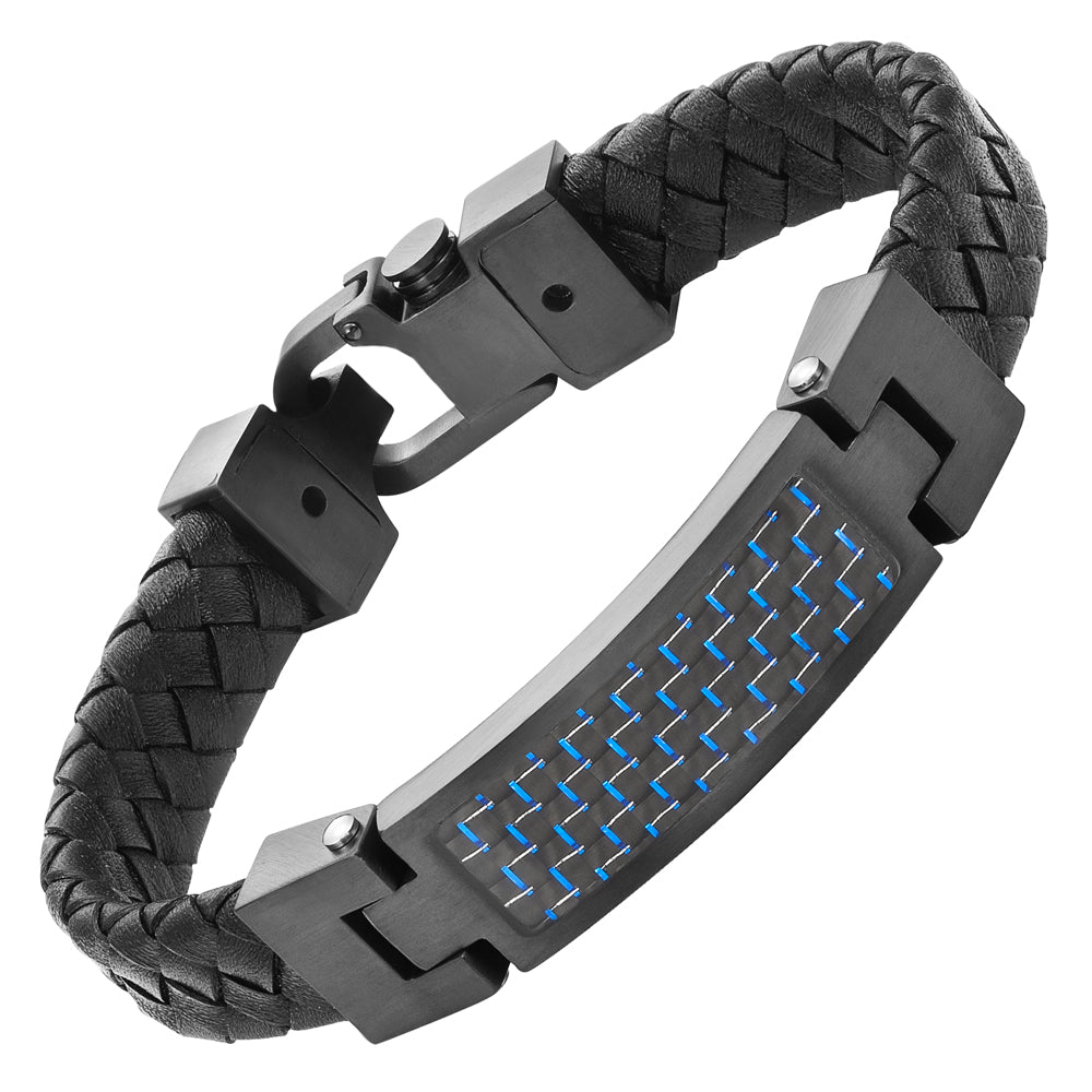 Black Leather Bracelet with Blue Carbon Fibre