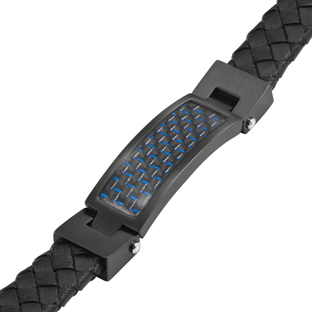 Black Leather Bracelet with Blue Carbon Fibre