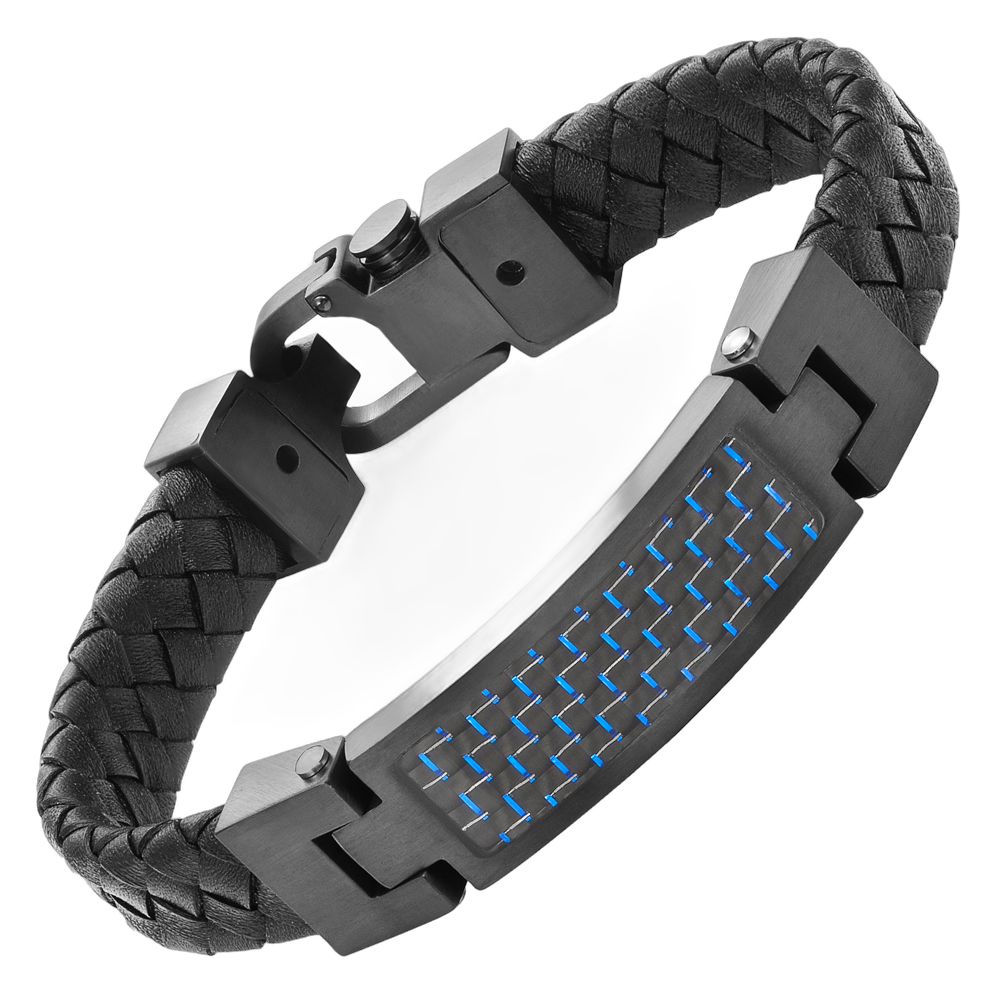 Mens Leather Bracelet with Blue Carbon Fibre