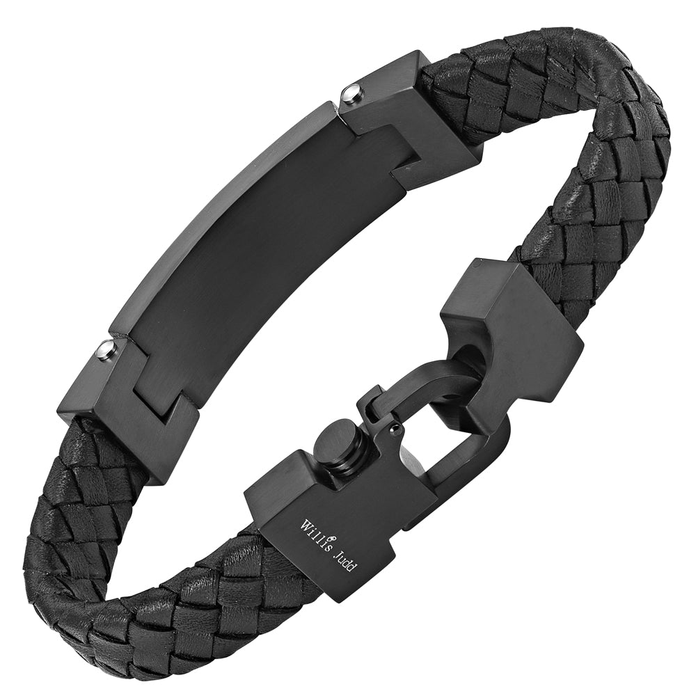 Black Leather Bracelet with Black Carbon Fibre