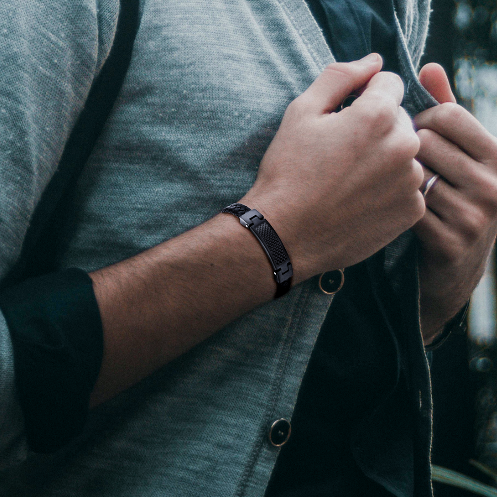 Black Leather Bracelet with Black Carbon Fibre