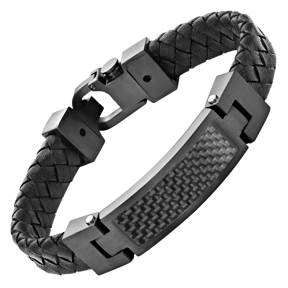 Black Leather Bracelet with Black Carbon Fibre