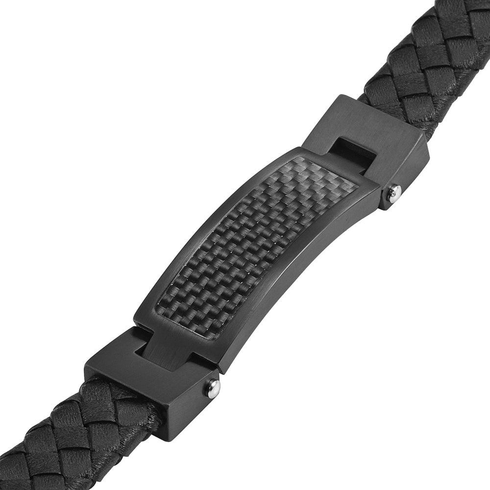 Black Leather Bracelet with Black Carbon Fibre