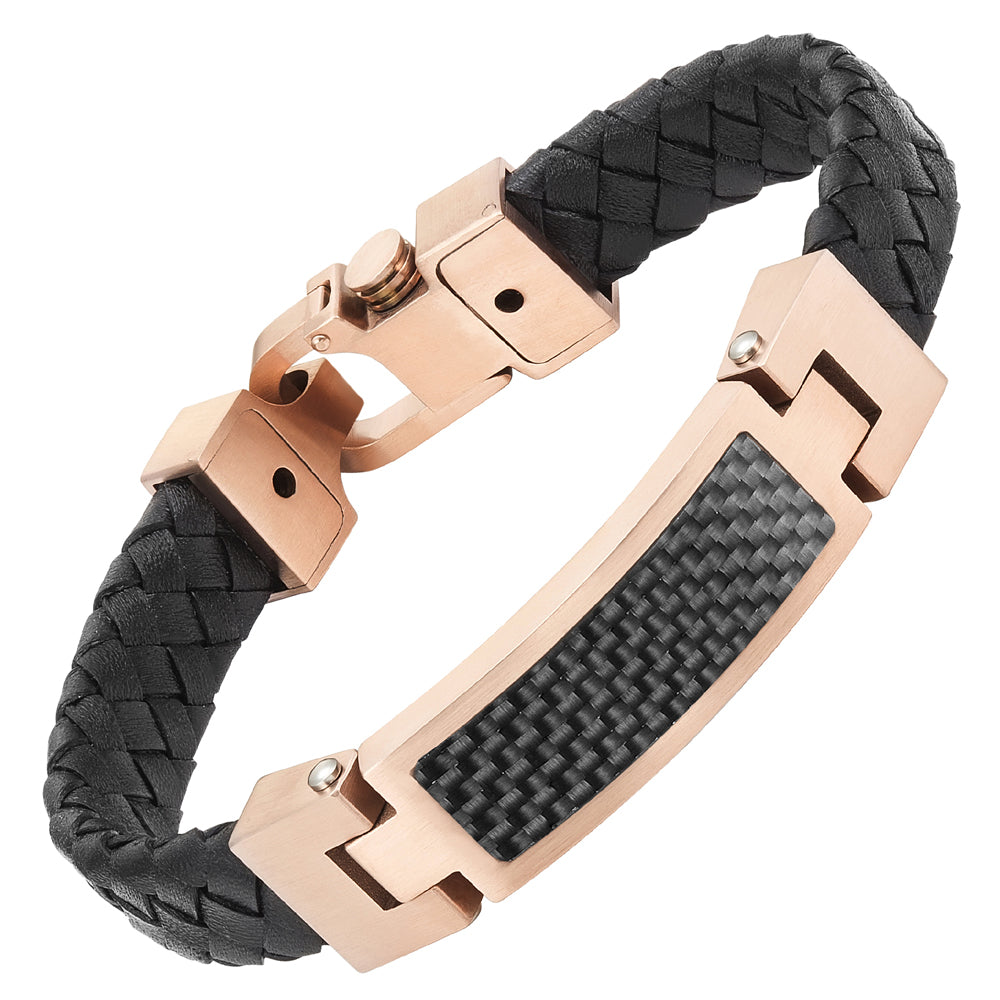 Black and Rose Gold Leather Bracelet with Carbon Fibre