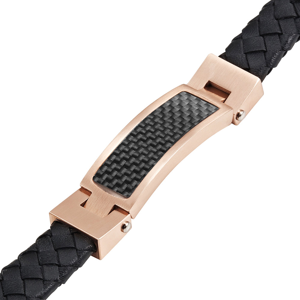 Black and Rose Gold Leather Bracelet with Carbon Fibre