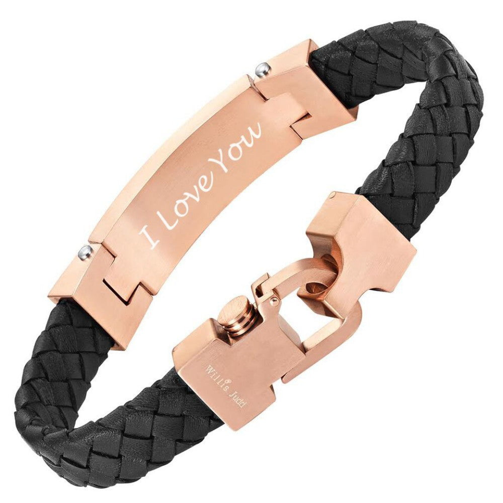 Black and Rose Gold Leather Bracelet with Carbon Fibre