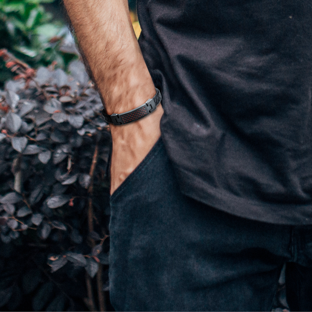 Black Leather Bracelet with Red Carbon Fibre