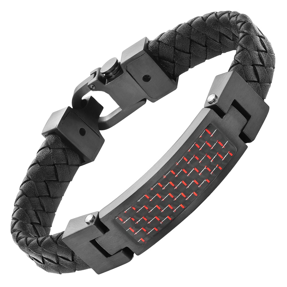 Black Leather Bracelet with Red Carbon Fibre