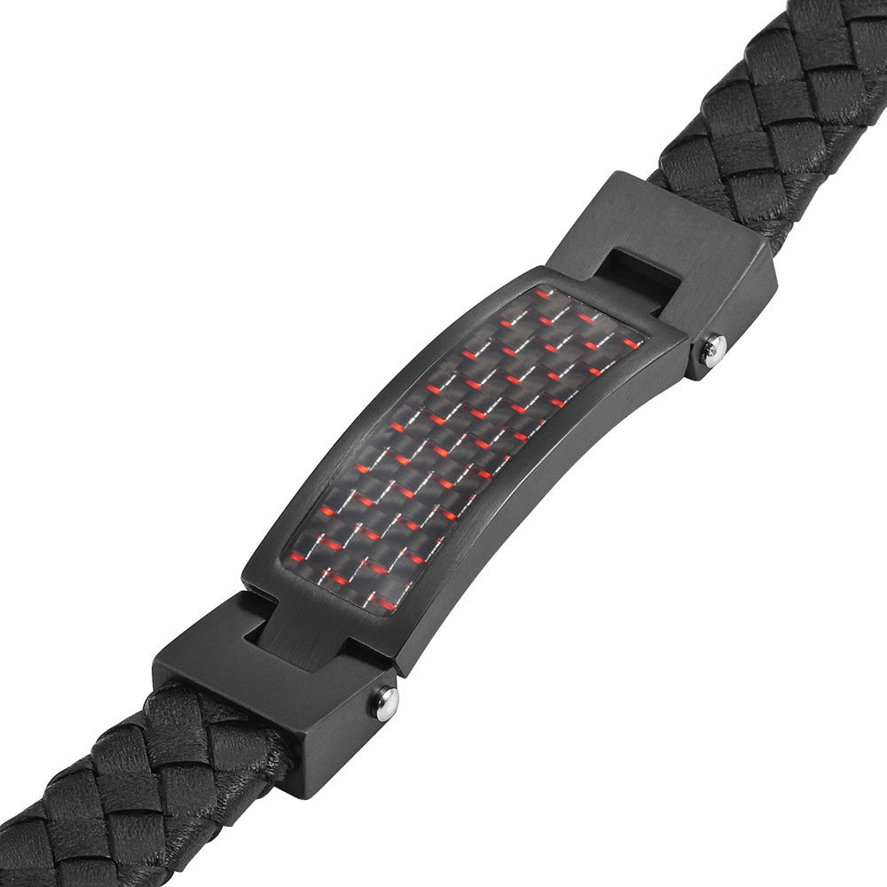 Black Leather Bracelet with Red Carbon Fibre