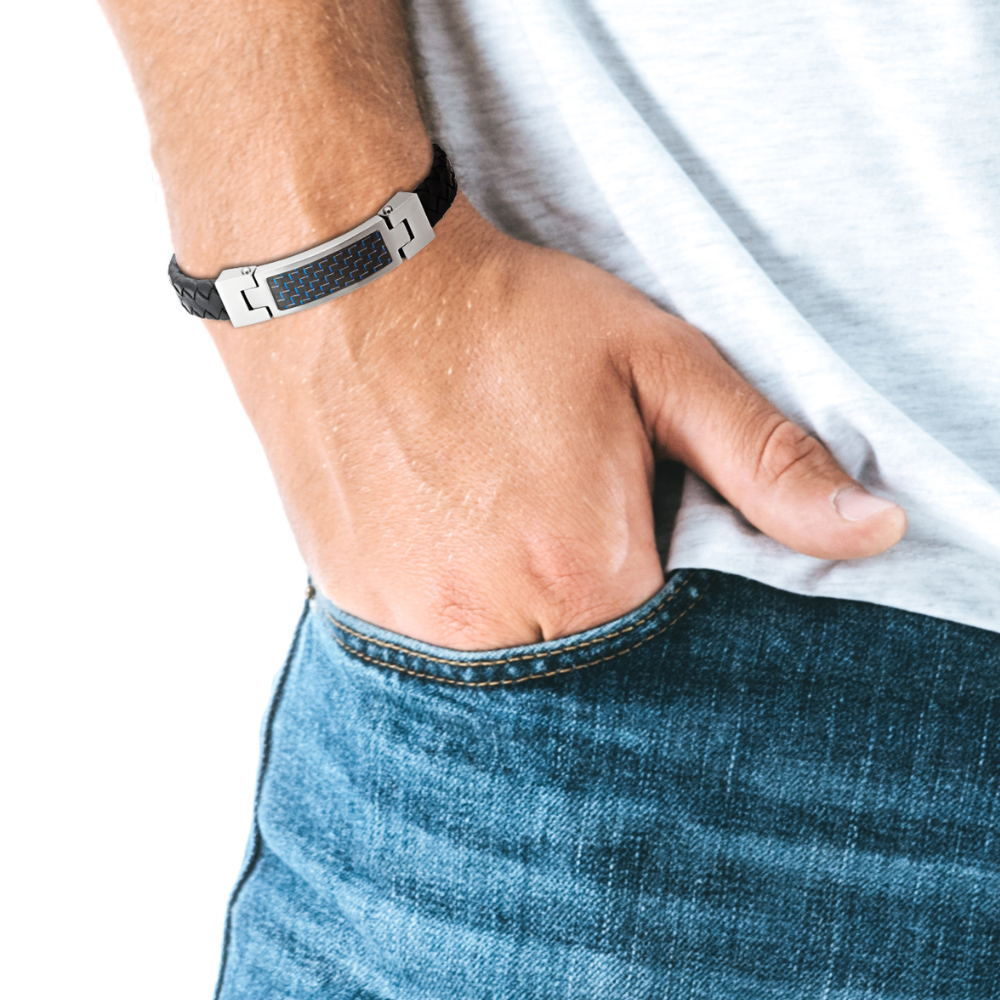 Leather Bracelet with Blue Carbon Fibre