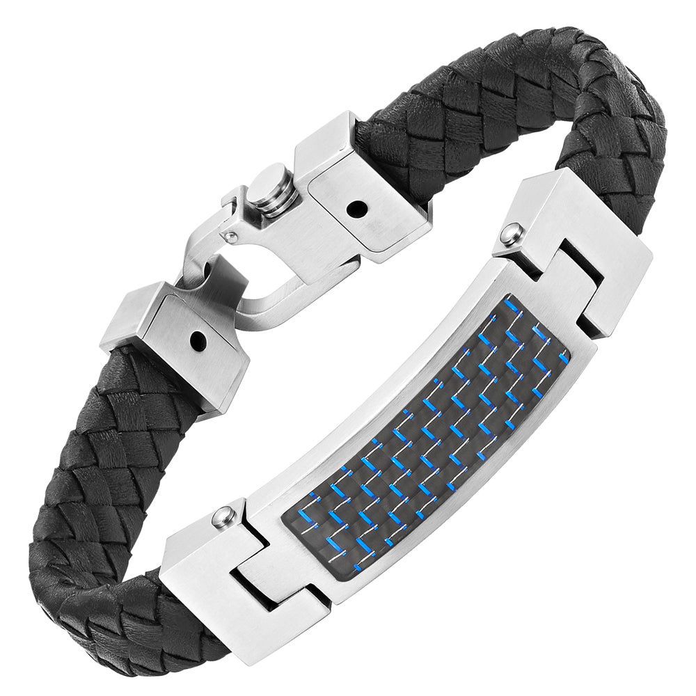 Leather Bracelet with Blue Carbon Fibre