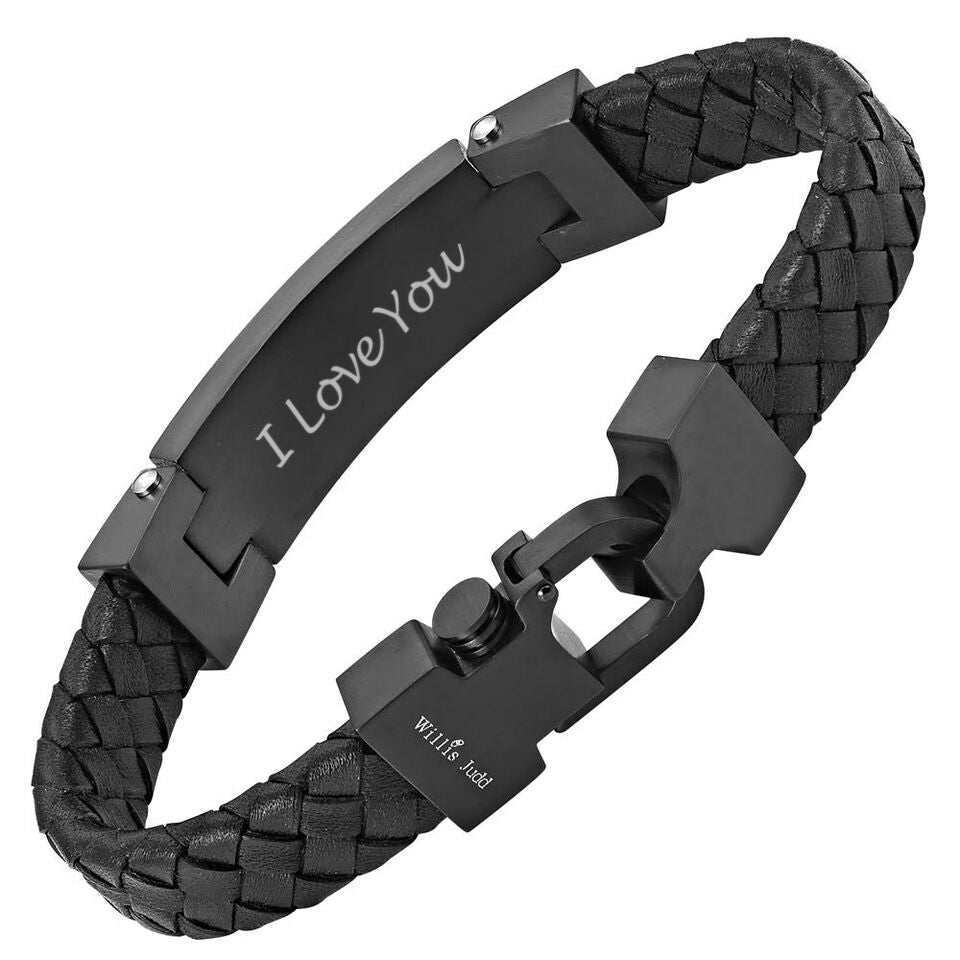 I Love You Etched Black Leather Bracelet with Blue Carbon Fibre