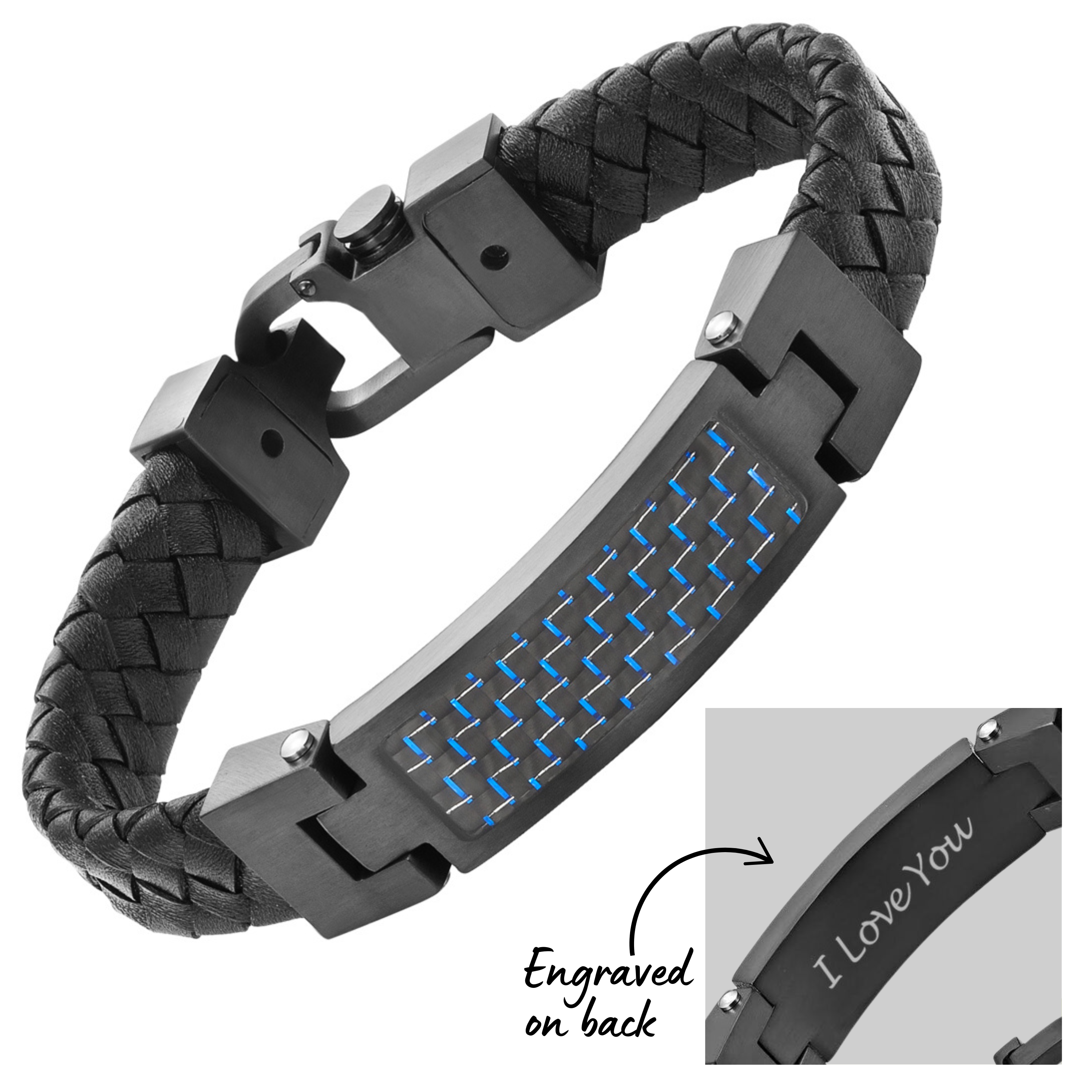 I Love You Etched Black Leather Bracelet with Blue Carbon Fibre