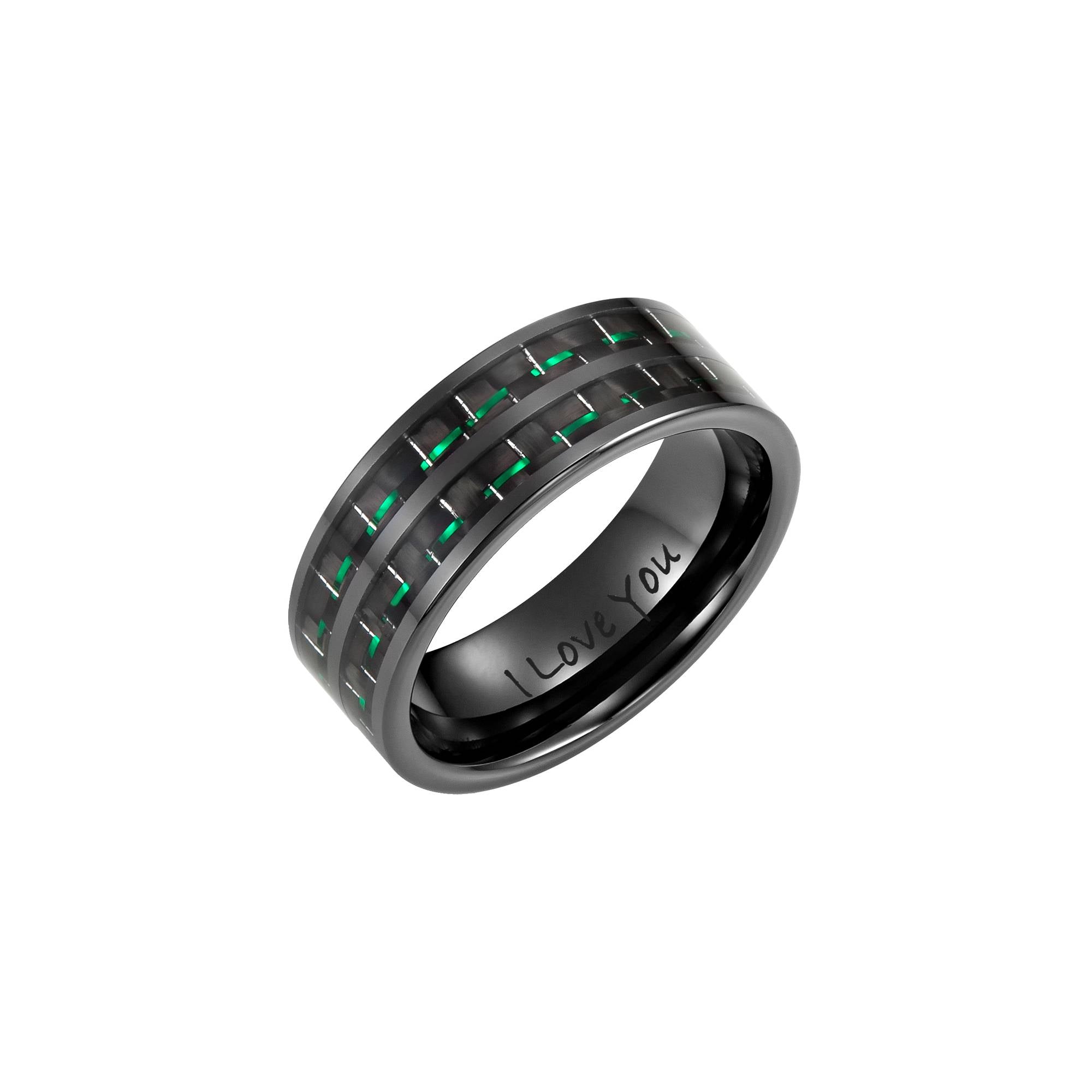 Men's Black Ceramic Ring with Green Carbon Fiber, Engraved I Love You