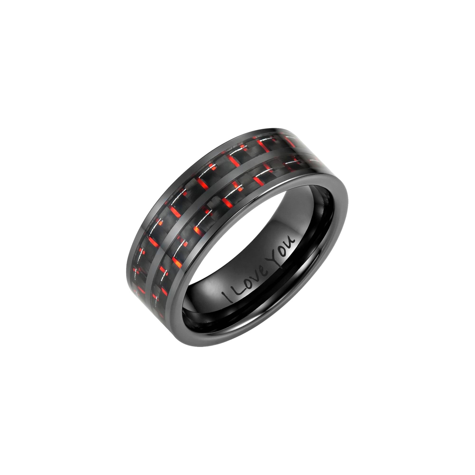 Men's Black Ceramic Ring with Red Carbon Fiber, Engraved I Love You