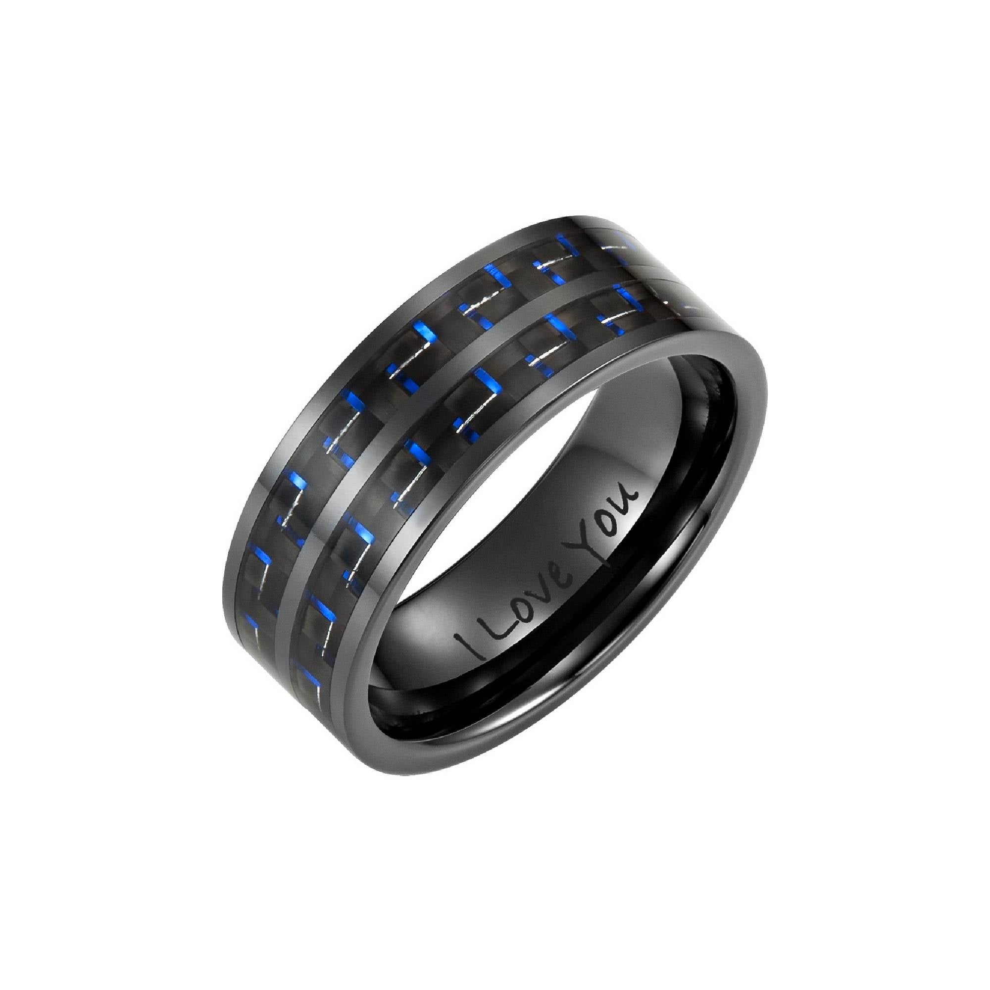 Men's Black Ceramic Ring with Blue Carbon Fiber, Engraved I Love You