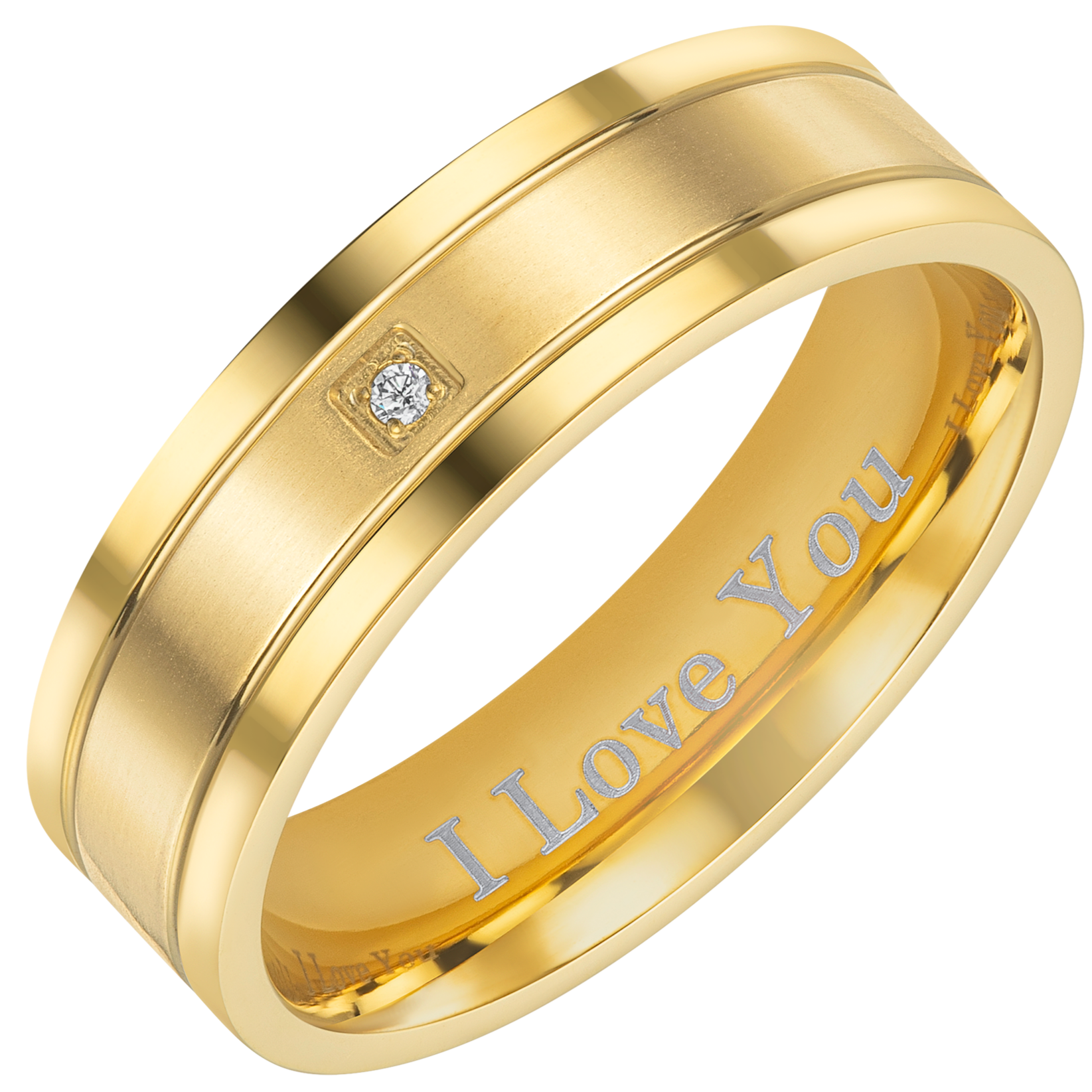 Mens Gold Titanium CZ Ring I Love You 7mm