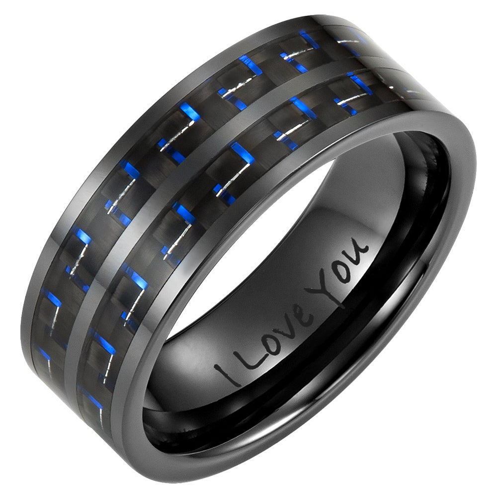 Mens Blue CZ Ring Engraved I Love You