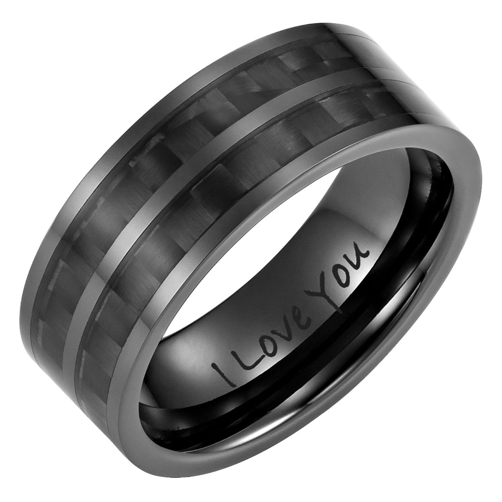 Men's Black Ceramic Ring with Black Carbon Fiber, Engraved I Love You