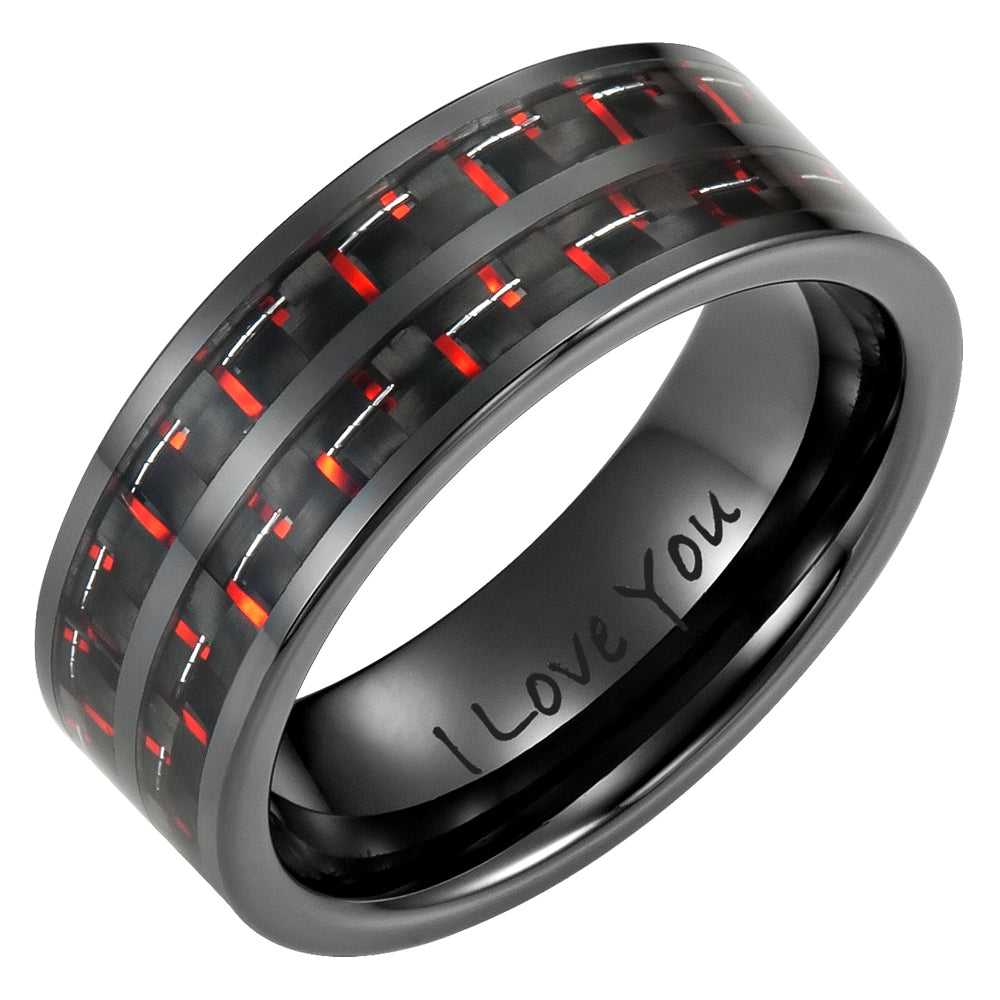 Willis Judd Men's 7mm Tungsten Red Carbon Fibre Ring Engraved I Love You