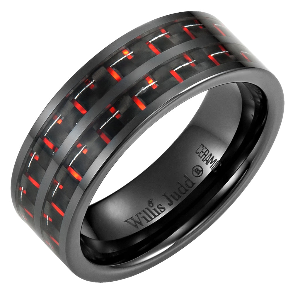 Willis Judd Men's 7mm Tungsten Red Carbon Fibre Ring Engraved I Love You