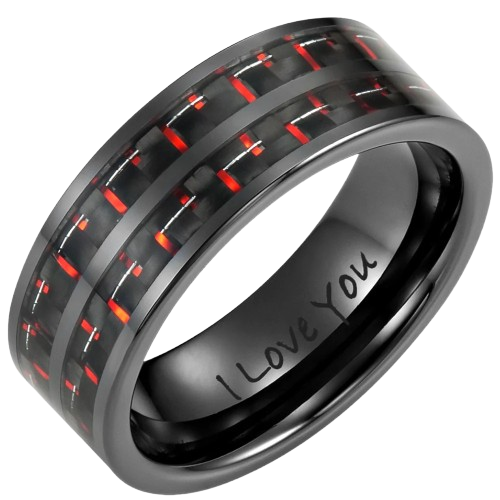 Men's Black Ceramic Ring with Red Carbon Fiber, Engraved I Love You