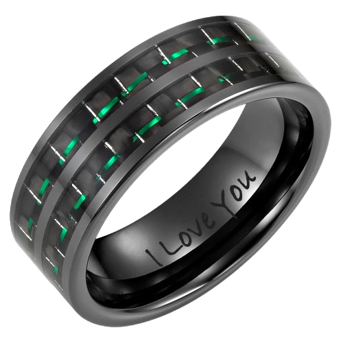 Men's Black Ceramic Ring with Green Carbon Fiber, Engraved I Love You