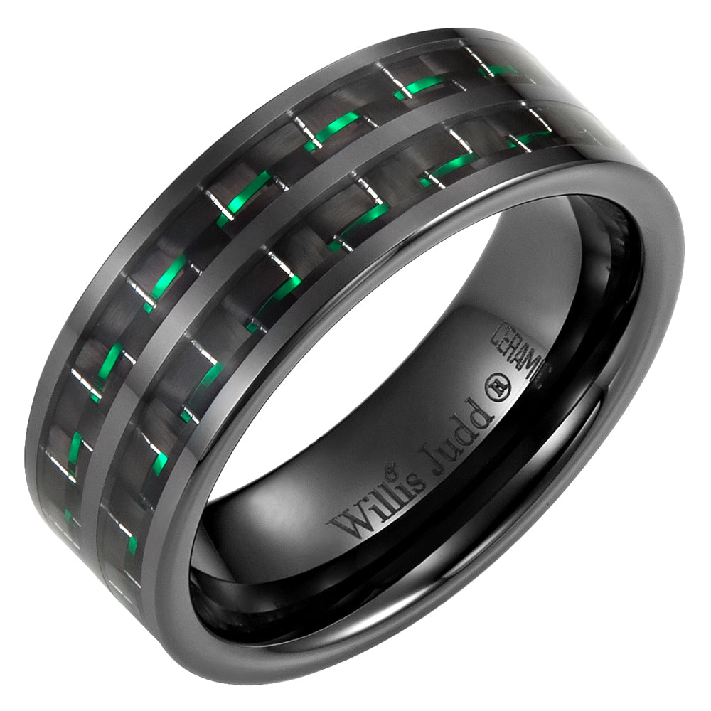 Willis Judd New Men's Ceramic Ring (Black, Green Carbon Fiber, Engraved I Love You)