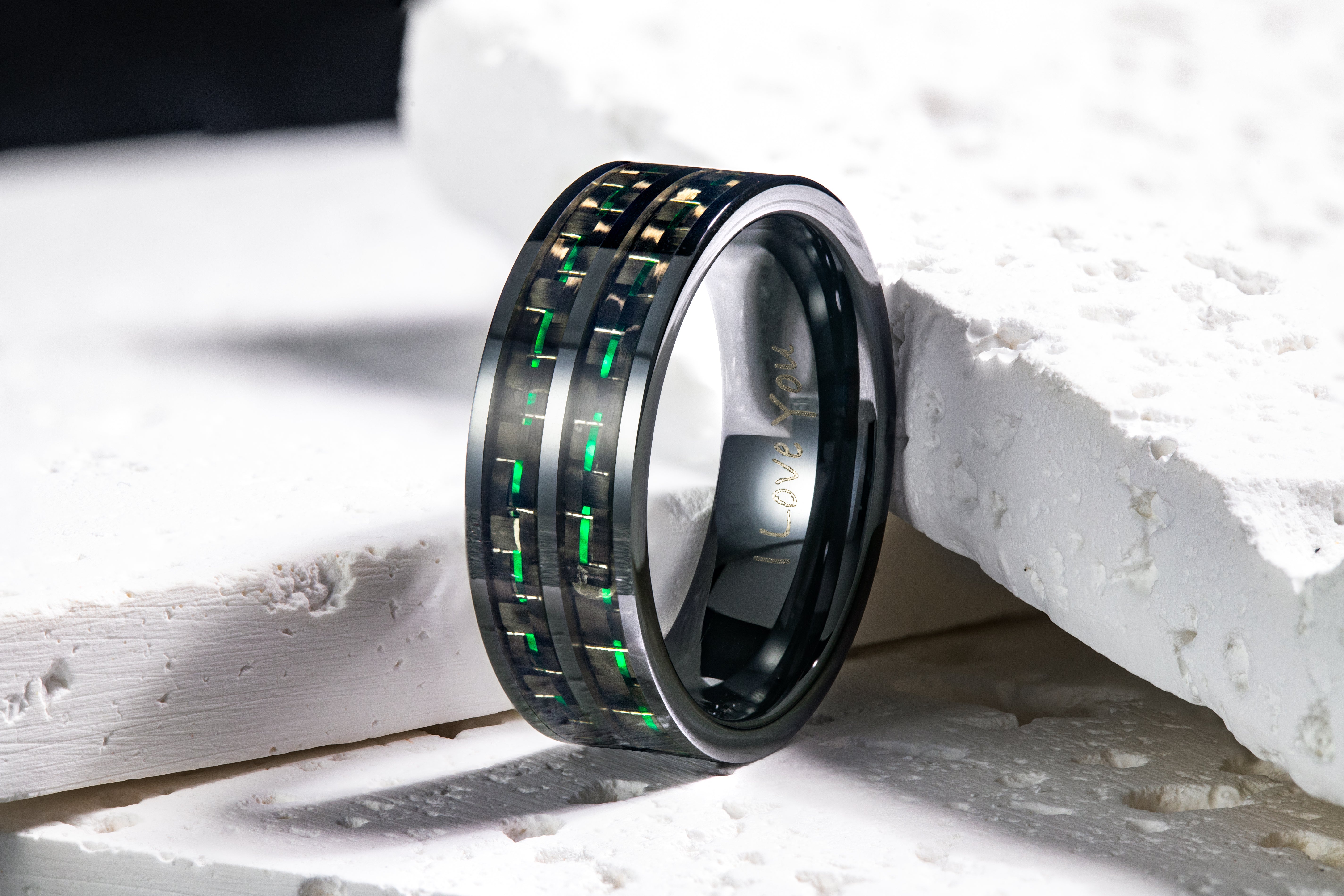 Willis Judd New Men's Ceramic Ring (Black, Green Carbon Fiber, Engraved I Love You)