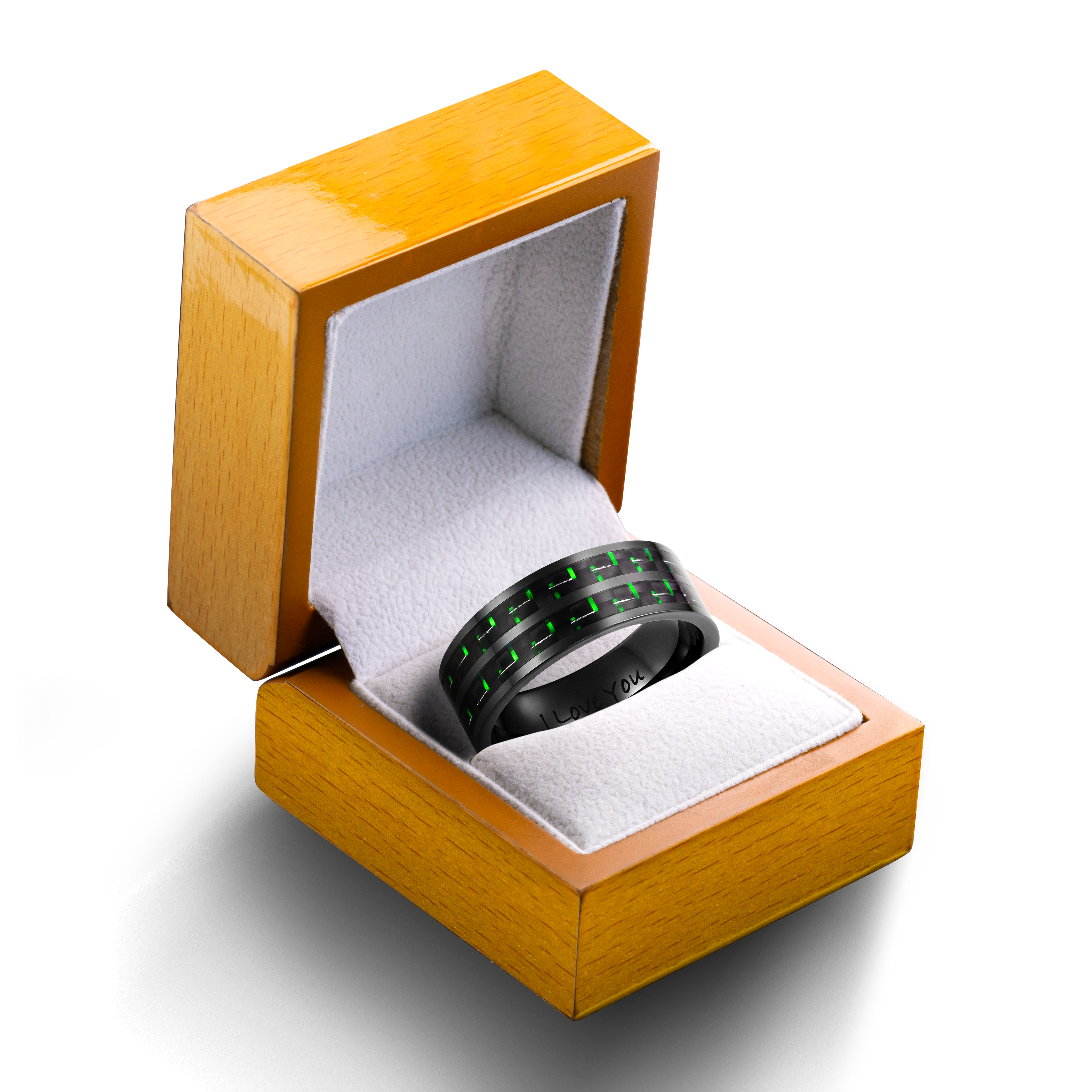 Willis Judd New Men's Ceramic Ring (Black, Green Carbon Fiber, Engraved I Love You)