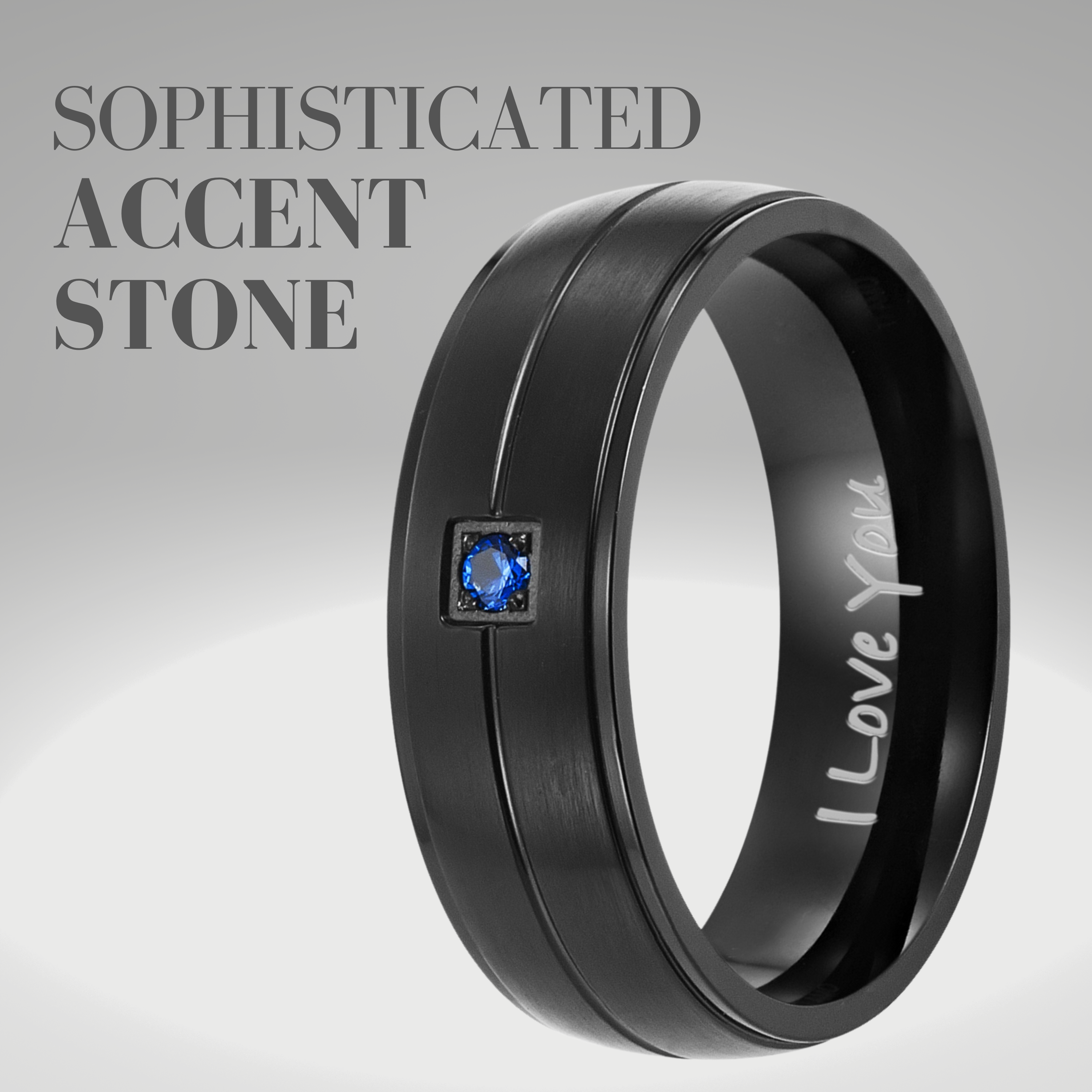 Mens Black Titanium Ring with Blue Accent CZ Stone I Love You