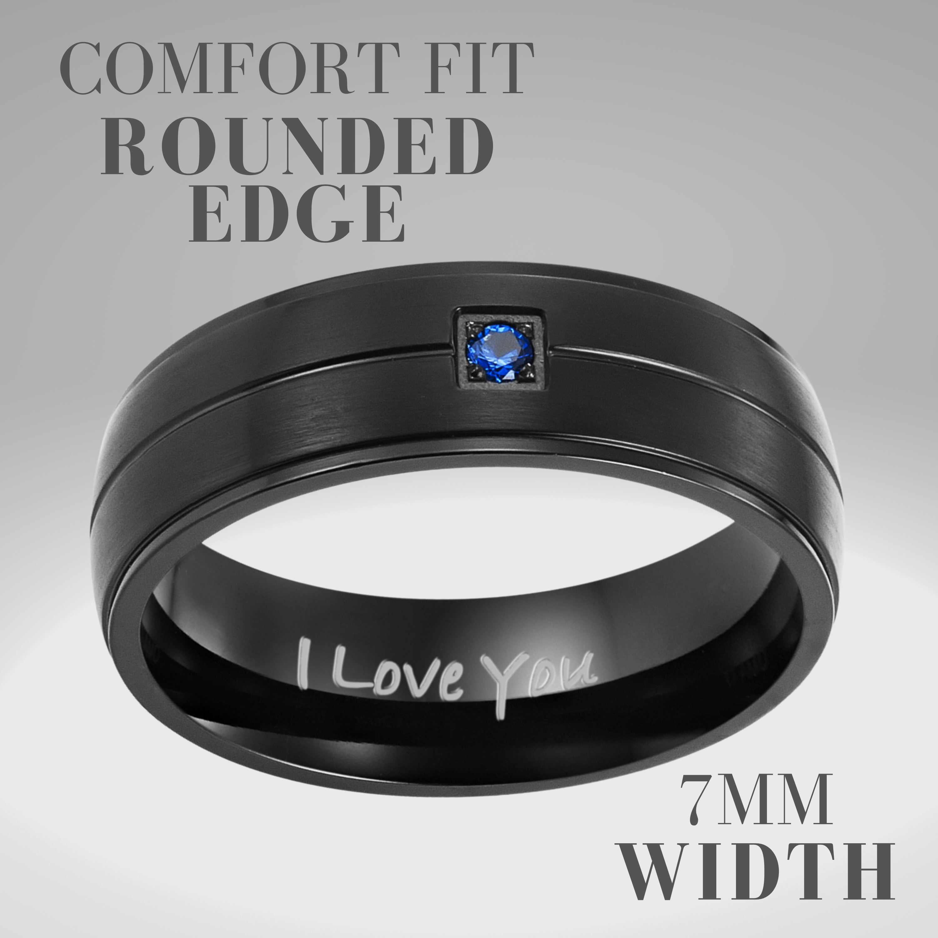 Mens Black Titanium Ring with Blue Accent CZ Stone I Love You