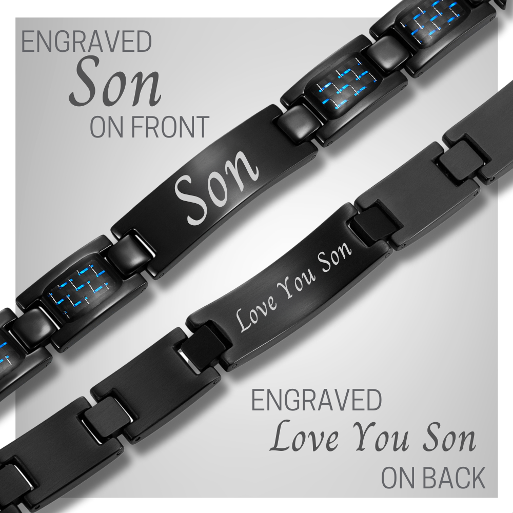 'Love you Son' Etched bracelets- Blue Carbon Fibre