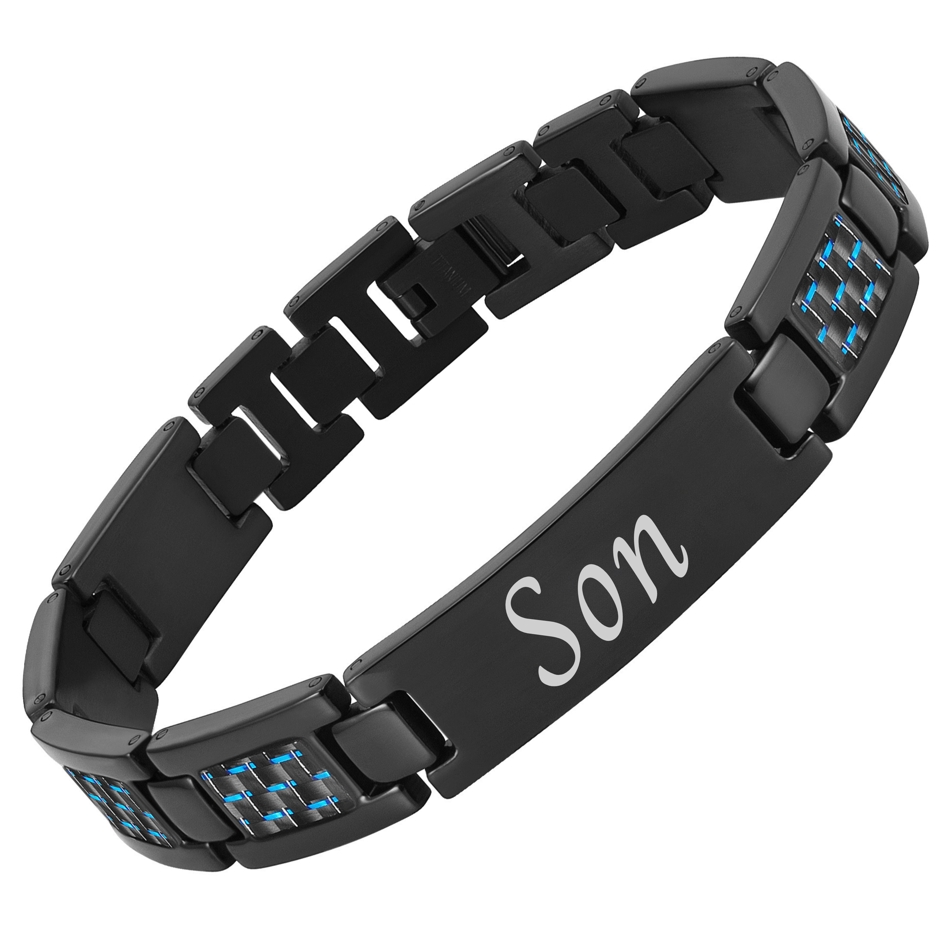 'Love you Son' Etched bracelets- Blue Carbon Fibre