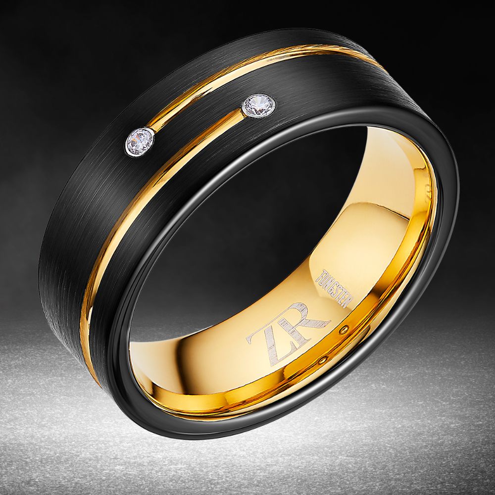 Mens Black Gold Stone Tungsten Ring 8mm