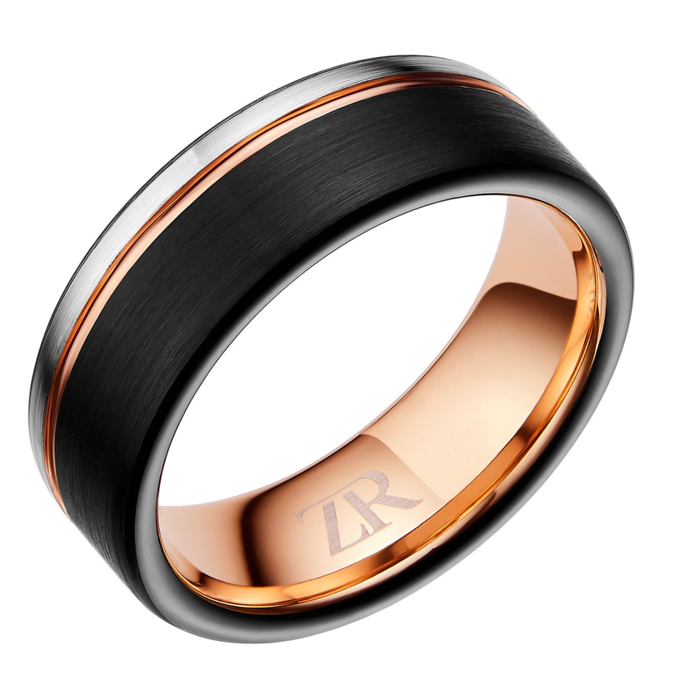 Mens Black Tungsten Tri Tone Ring 8mm