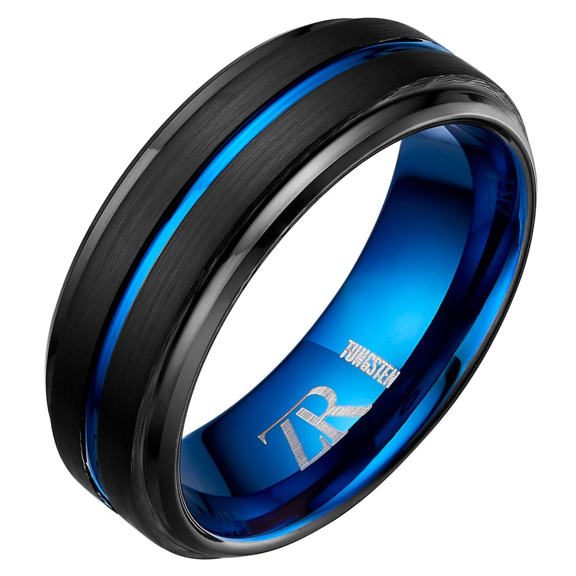 Mens Tungsten Ring Black With Blue Stripe 8mm