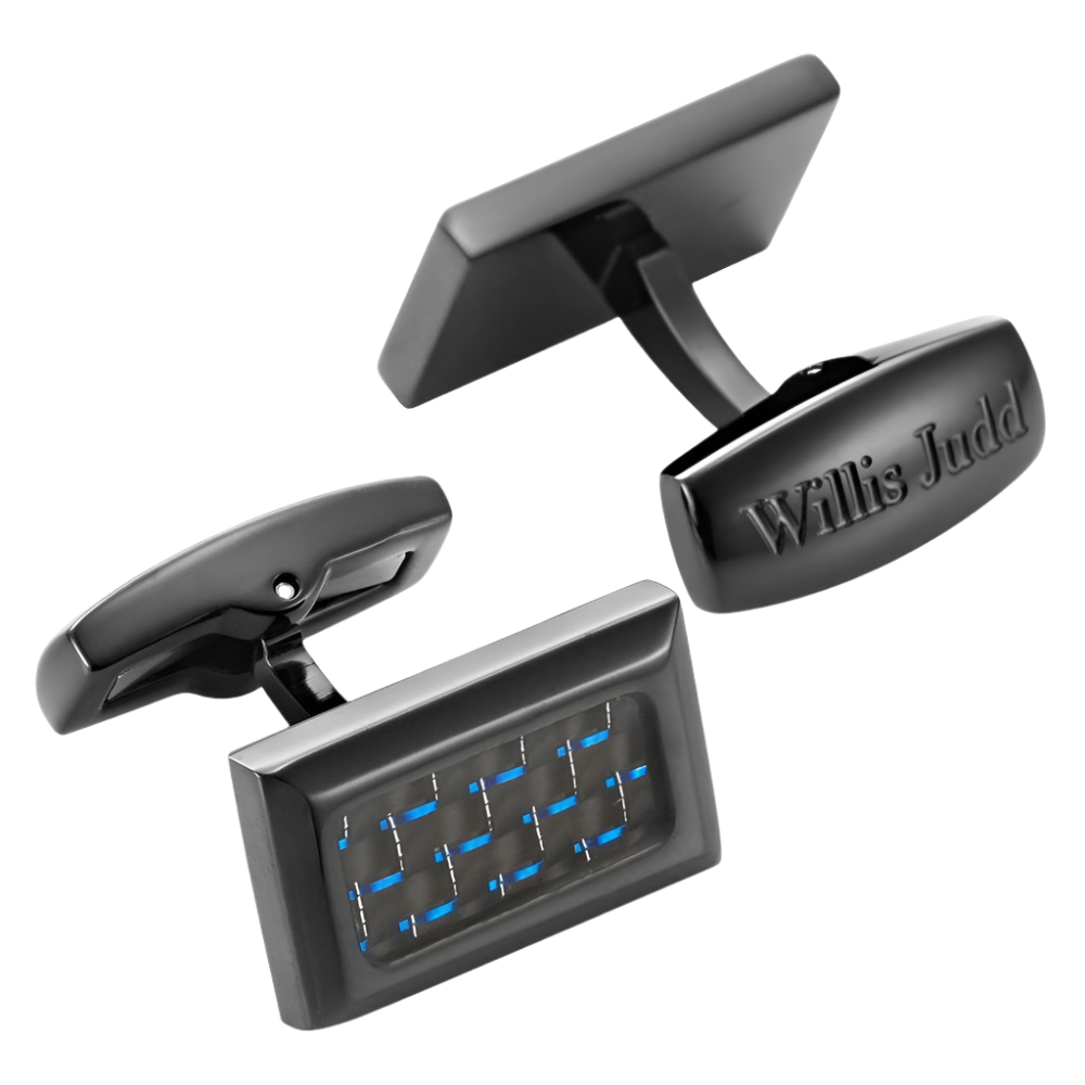 Willis Judd Men’s Black Stainless Steel with Blue Carbon FIber Cufflinks with Gift Pouch