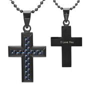 Mens Cross Blue Carbon Fibre Pendant Etched 'I Love You'