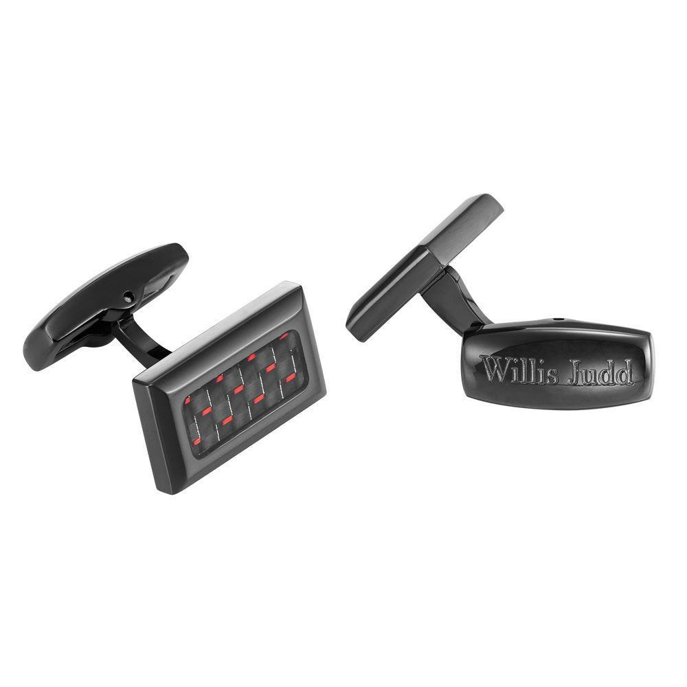 Willis Judd Men’s Black Stainless Steel with Red Carbon FIber Cufflinks with Gift Pouch