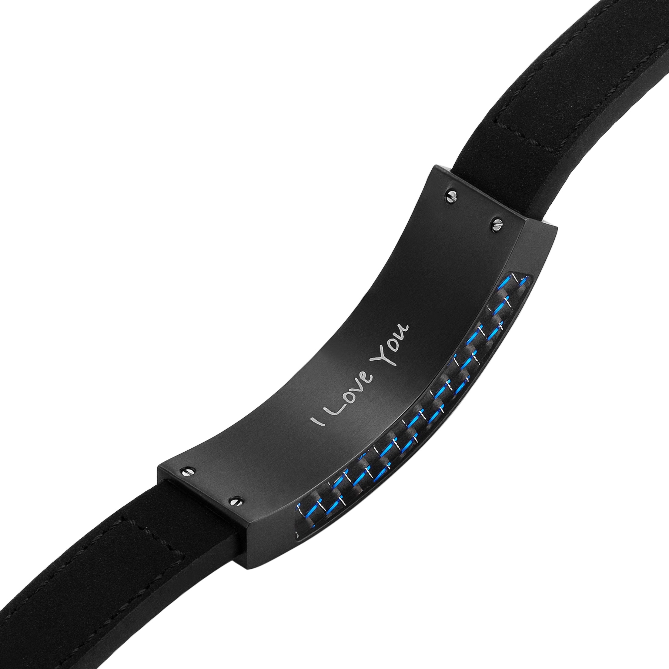Mens Blue Carbon Fiber Leather Bracelet Etched I Love You
